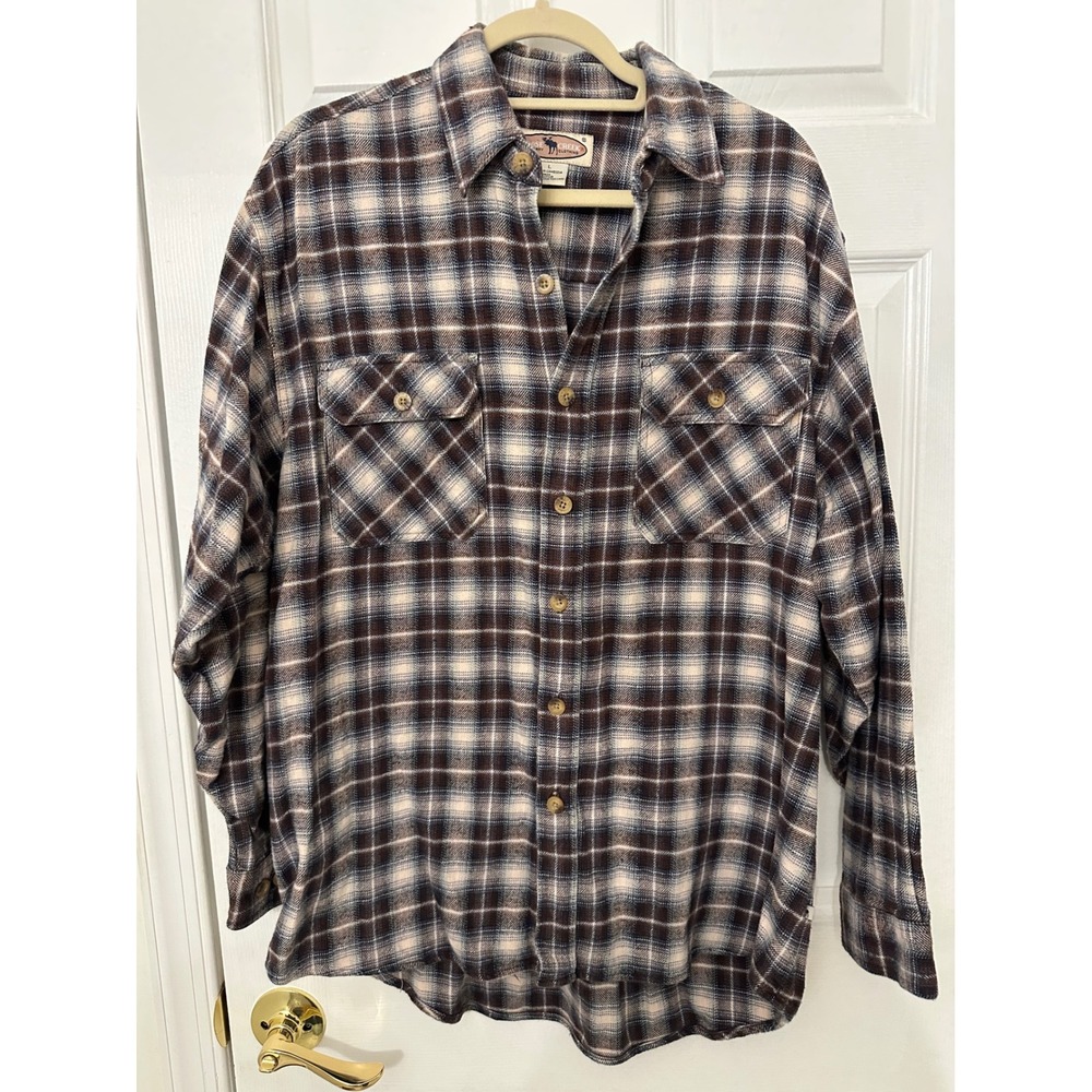 Moose Creek Legendary Clothing Mens Large Brown Blue Plaid Cotton Flannel Shirt